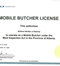 M & A MOBILE BUTCHER  780-898-2531 or  780-898-5919  Bashaw AB